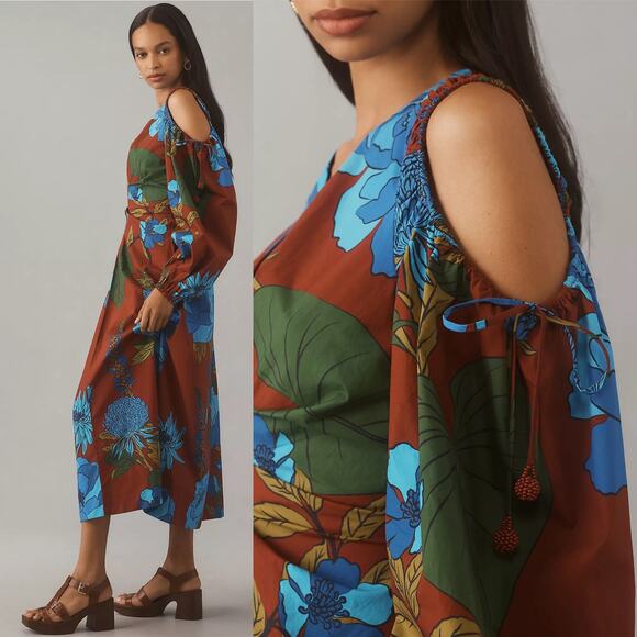 NWT Anthropologie Farm Rio Long Sleeve Floral V Neck Cut Out Midi Dress XXS - Picture 2 of 16